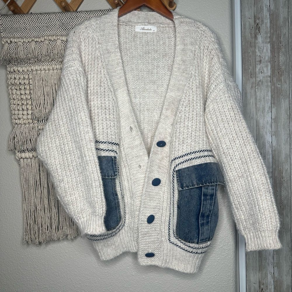 Oversized Cream Knit and Denim Sweater